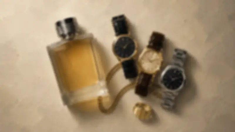Overhead champagne still life with an amber fragrance bottle, three watches, a gold ring, and chain.