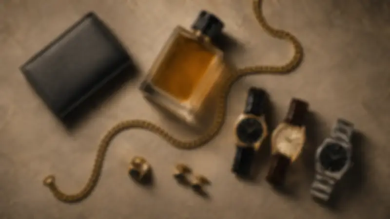 Black wallet, amber fragrance, three watches, ring, cufflinks, and gold chain on champagne plaster.