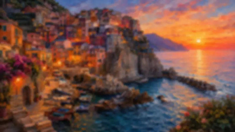 Painterly Cinque Terre harbour at sunset with colourful cliffside buildings, boats, and glowing orange sea.