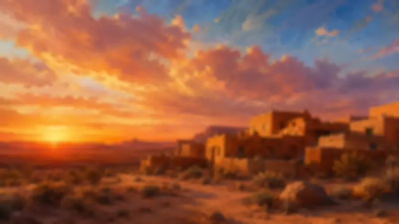 Painterly adobe village in a rocky desert beneath a vivid orange and blue sunset.