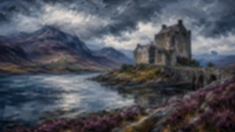 Stone castle on a small island beside a Scottish loch, purple heather, and stormy mountains.