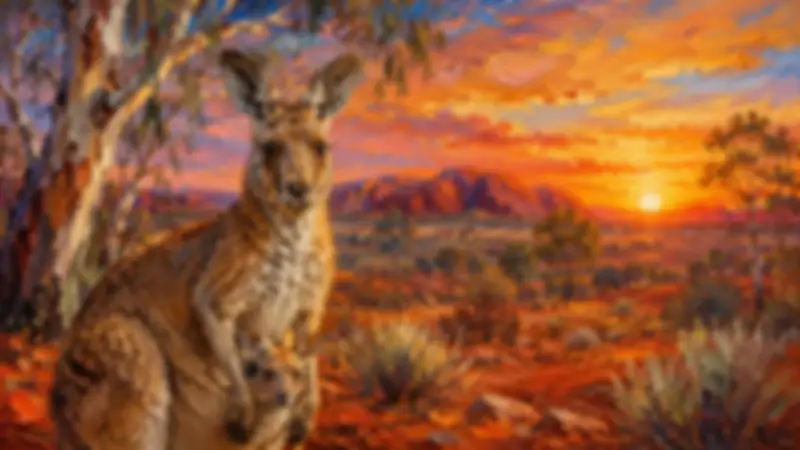 Painterly kangaroo and joey in the Australian outback at sundown with gum trees, red earth, and distant ranges.