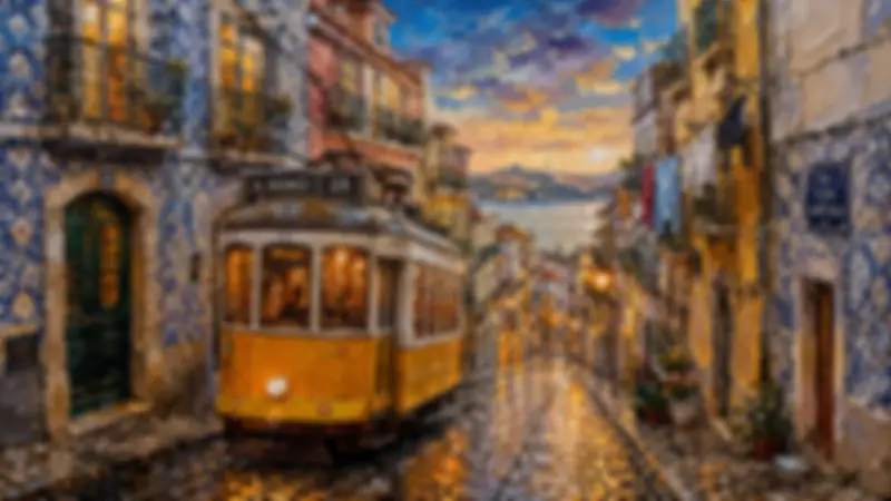 Yellow Lisbon tram on a wet tiled street with azulejo buildings and sunset over the river.