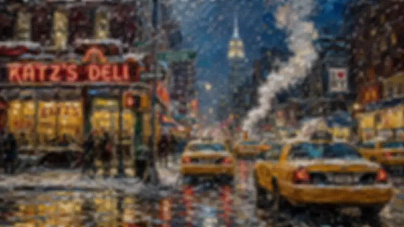 Snowy Lower East Side street with a glowing deli, yellow taxis, and the Empire State Building.
