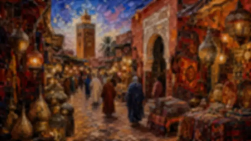 Busy Marrakech medina market with glowing brass lanterns, rugs, arches, and sunset sky.