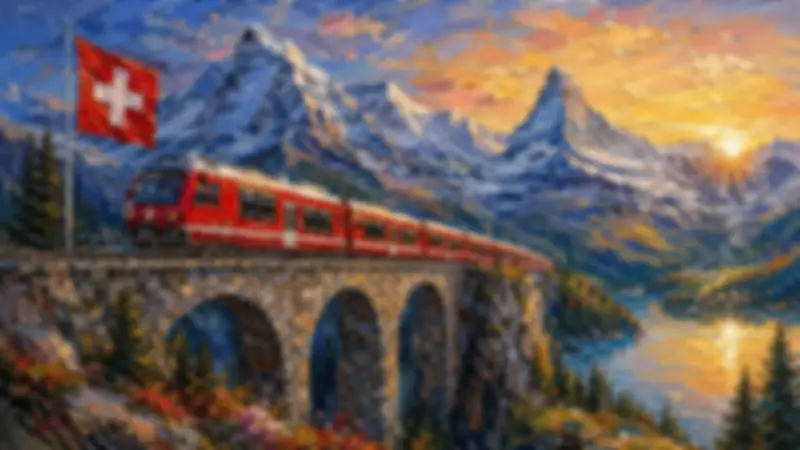 Red Swiss train crossing a stone viaduct beside the Matterhorn at golden sunrise.