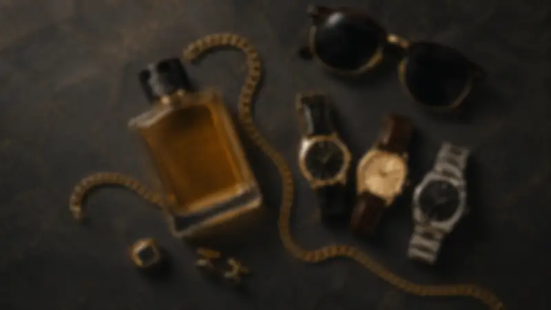 Dark sunglasses, amber fragrance, three watches, jewellery, and gold chain on black textured plaster.