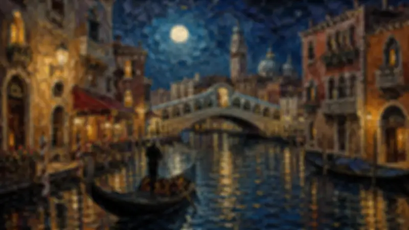 Moonlit Venice canal with a gondola, Rialto Bridge, historic buildings, and golden reflections.