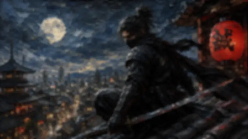 Lone ronin with a sword seated on a Japanese rooftop above a moonlit city.