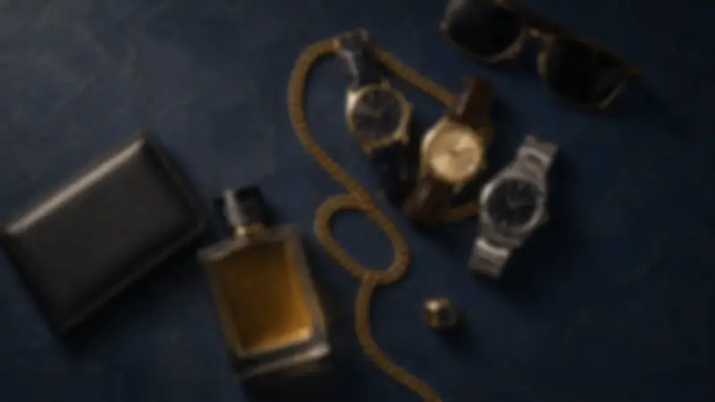 Black wallet, sunglasses, amber fragrance, three watches, and gold chain on navy plaster.