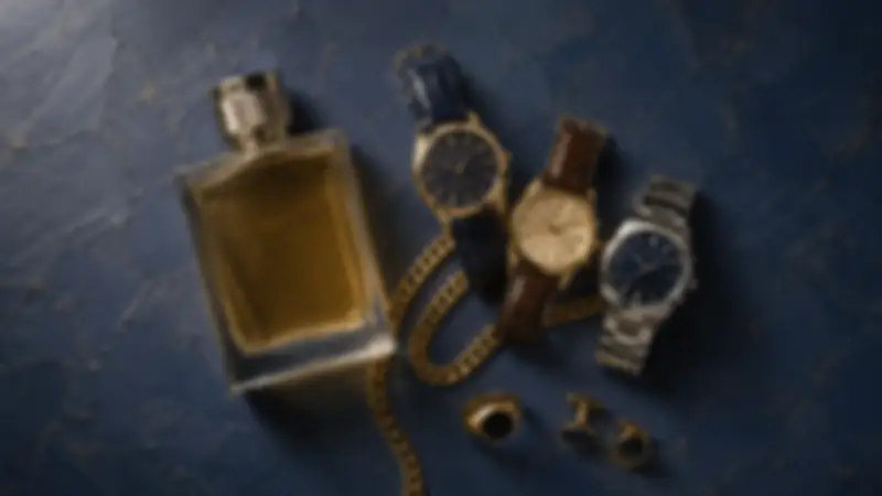 Amber fragrance bottle, three watches, ring, cufflinks, and gold chain on navy textured plaster.
