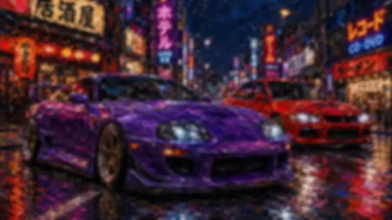 Purple and red Toyota Supra-style cars parked on a wet neon Tokyo street at night.