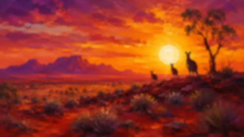 Impasto-style Australian outback sunset with kangaroo silhouettes, red earth, distant ranges, and a blazing orange sky.