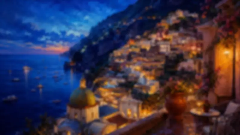 Painterly Positano at blue hour with illuminated hillside homes, church dome, dark sea, and a lantern-lit terrace.