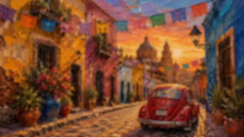 Colourful San Miguel de Allende street with papel picado, flowers, a red vintage car, and sunset.