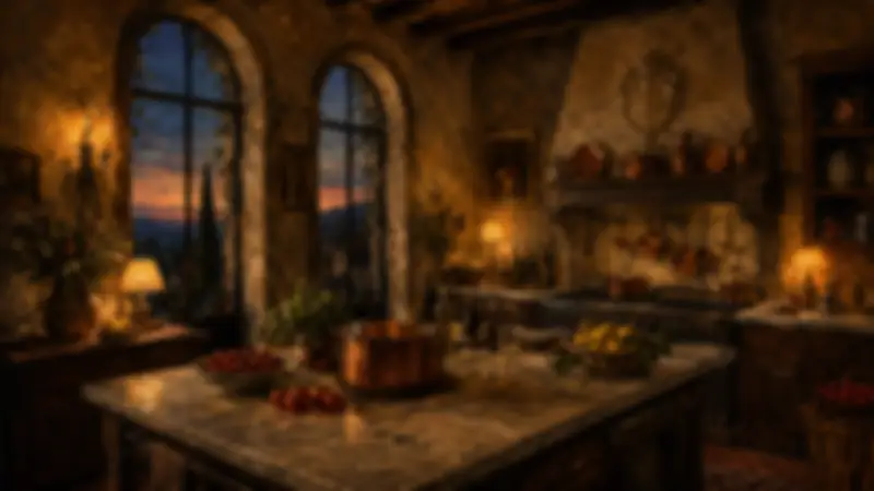 Warm painterly Tuscan kitchen at dusk with arched windows, copper cookware, stone walls, and glowing lamps.