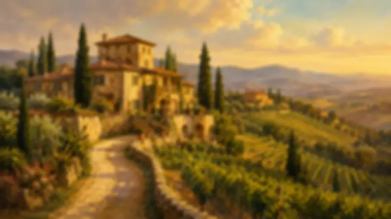 Painterly Tuscan villa among vineyard rows, cypress trees, and golden rolling hills.