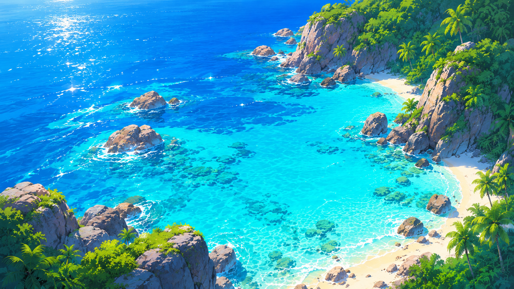 Aerial turquoise tropical bay 4K wallpaper with bright blue water, reef shallows, rocky beach coves, white sand, and palms.