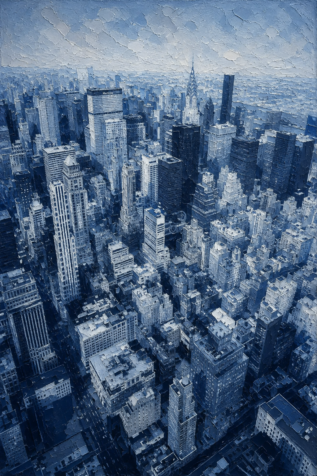 Portrait blue Manhattan skyline phone wallpaper with dense skyscrapers, Chrysler Building detail, and painterly city texture.