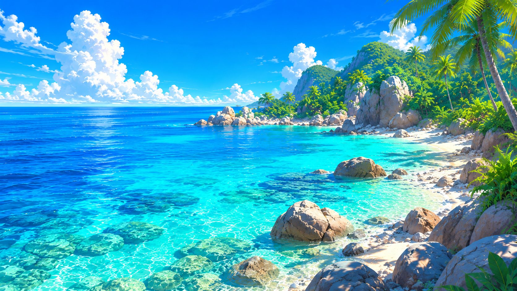 Clear tropical rocky beach 4K wallpaper with turquoise water, white sand, sunlit boulders, palm trees, and blue sky.