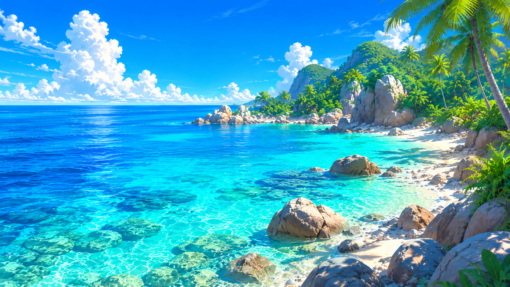Clear tropical rocky beach 4K wallpaper with turquoise water, white sand, sunlit boulders, palm trees, and blue sky.