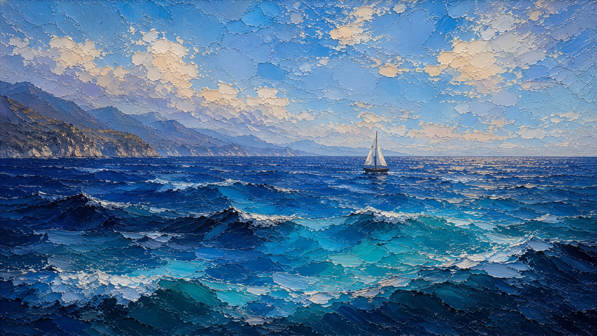 Bright blue ocean wallpaper with textured waves, distant coast, white clouds, and a sailboat on the horizon.