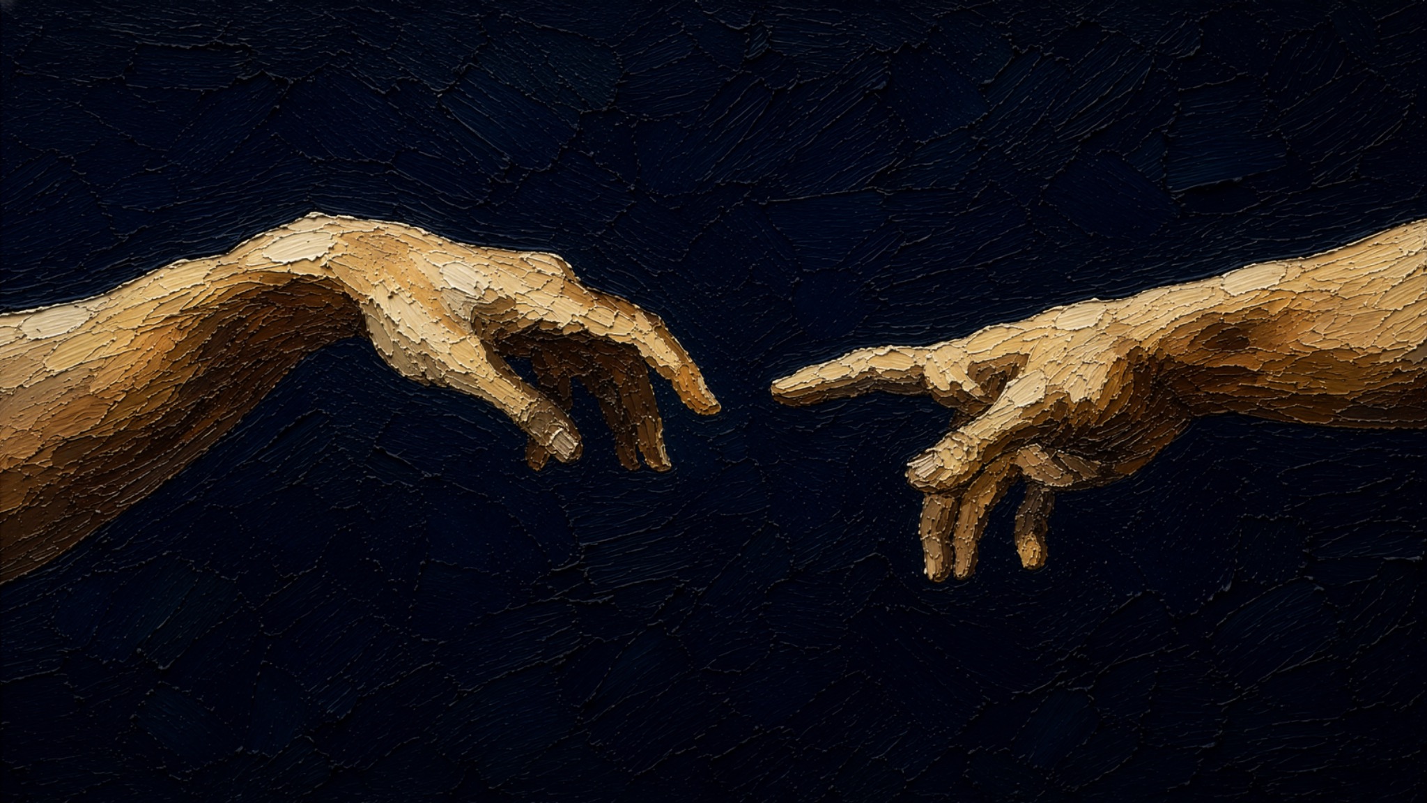 Dark canvas wallpaper with two gold-toned painted hands reaching toward each other.