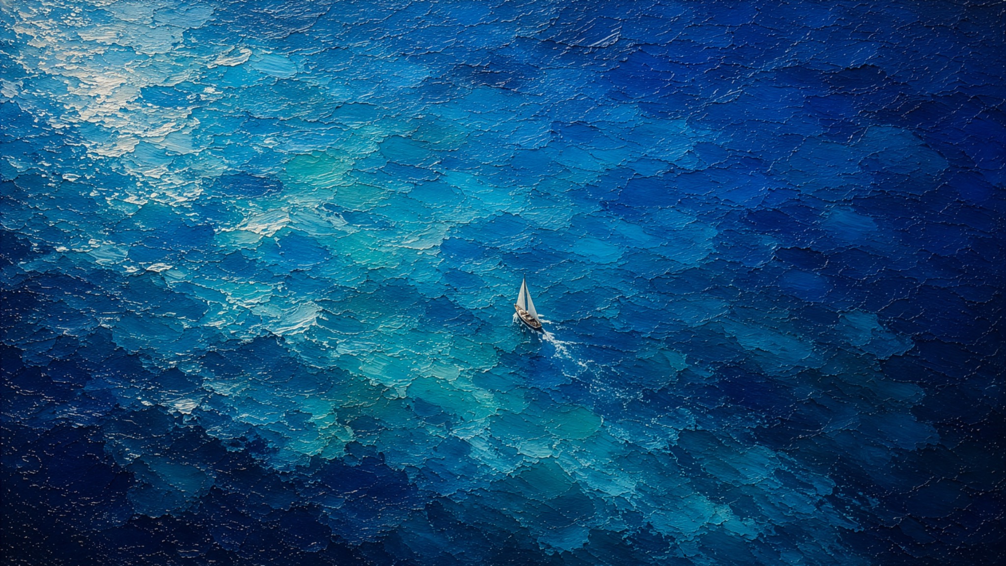 Deep blue painterly ocean wallpaper with turquoise water texture and a small white sailboat.