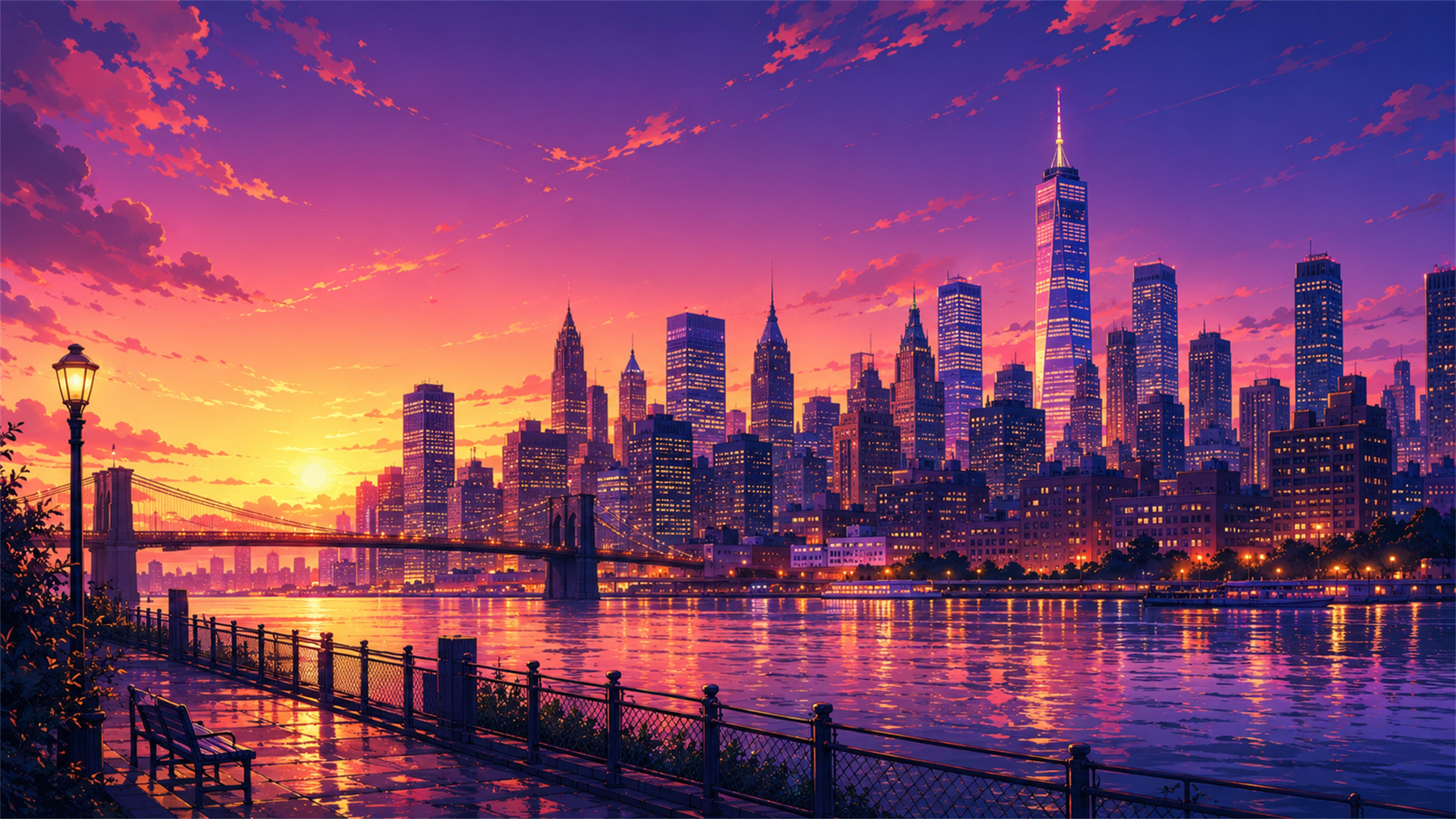 East River sunset skyline 4K wallpaper with Manhattan towers, bridge silhouettes, orange sky, and water reflections.