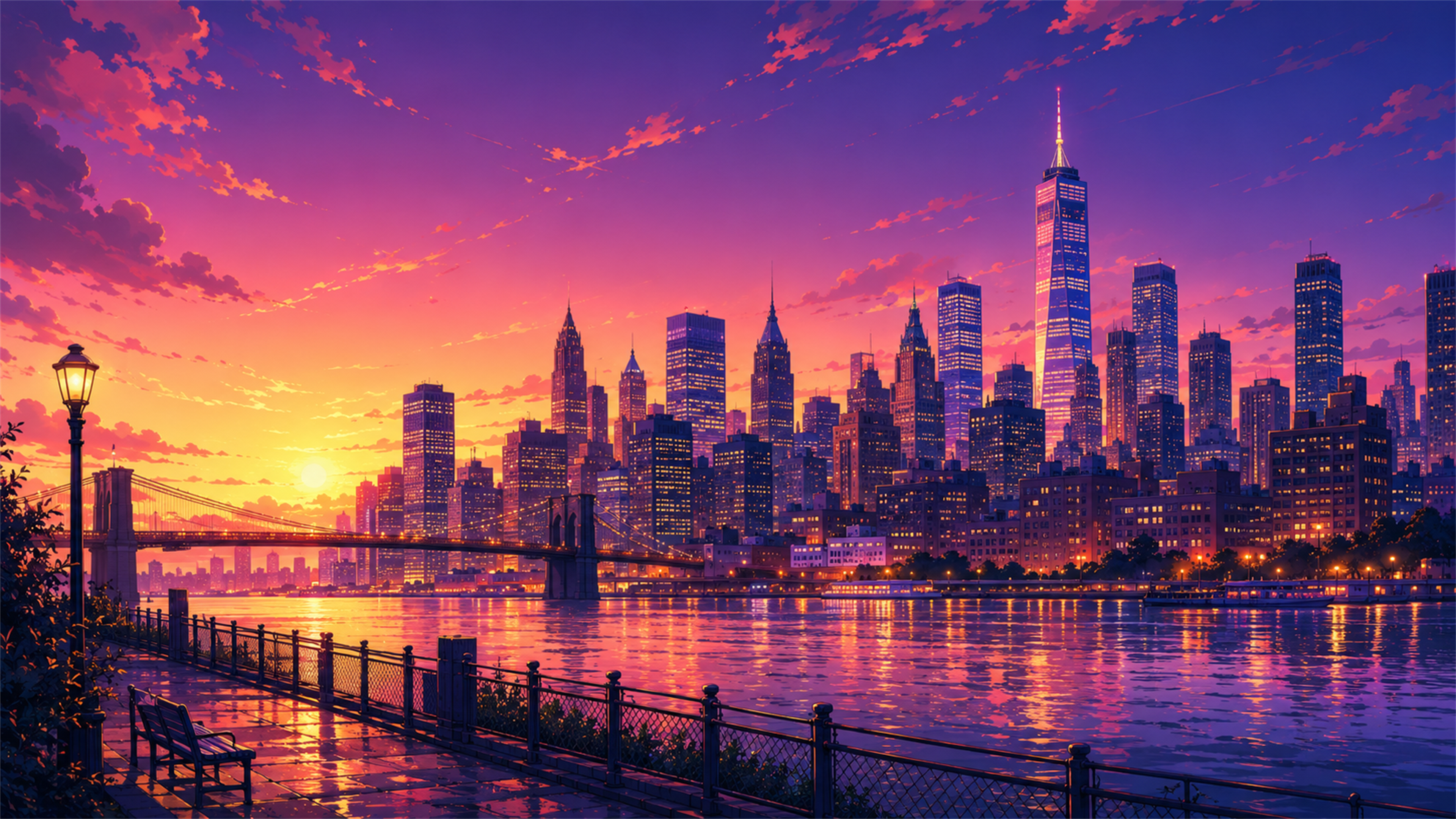East River sunset skyline 4K wallpaper with Manhattan towers, bridge silhouettes, orange sky, and water reflections.