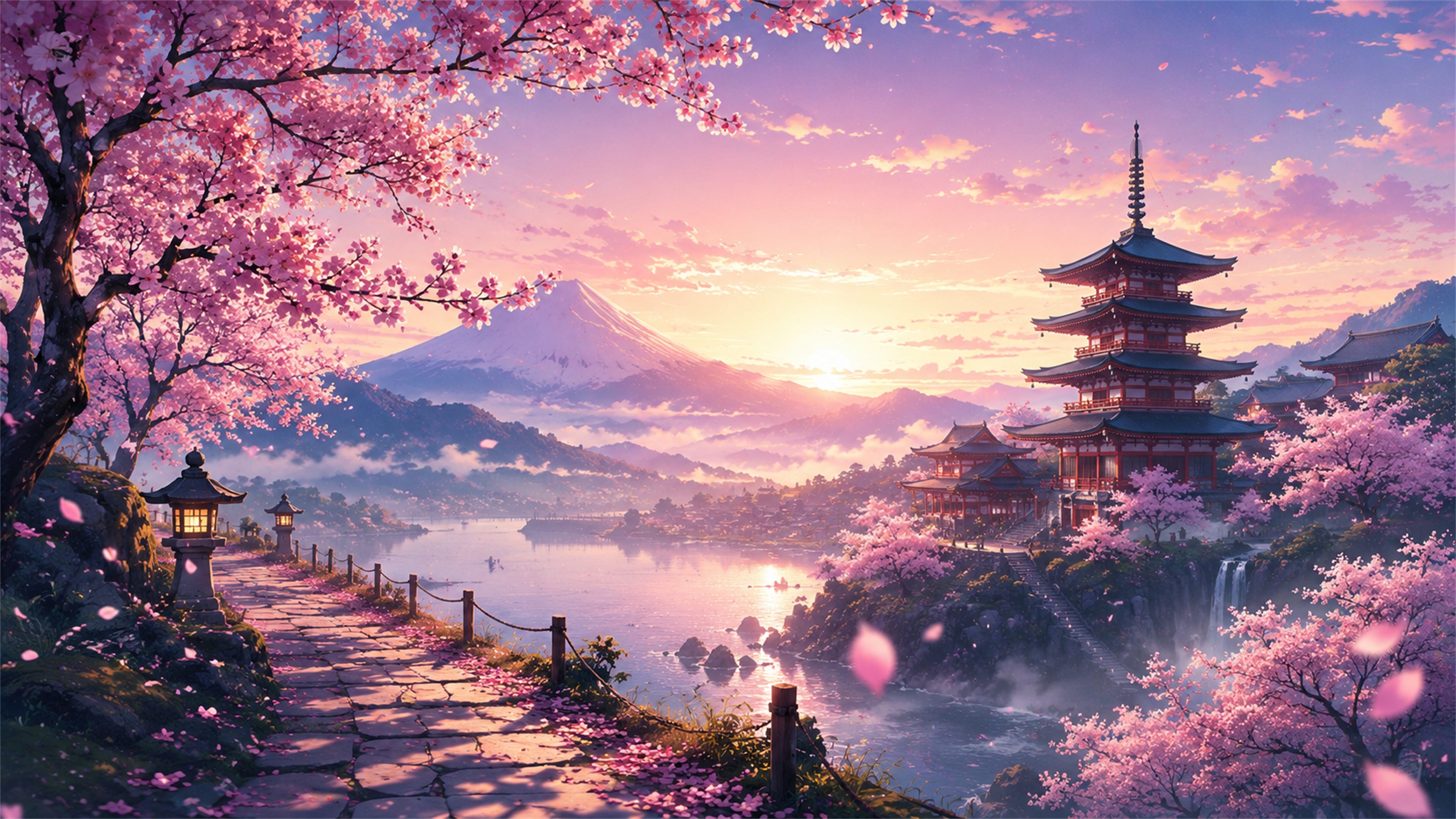 Mount Fuji sakura pagoda 4K wallpaper with cherry blossoms, sunrise glow, lake mist, and traditional Japanese architecture.