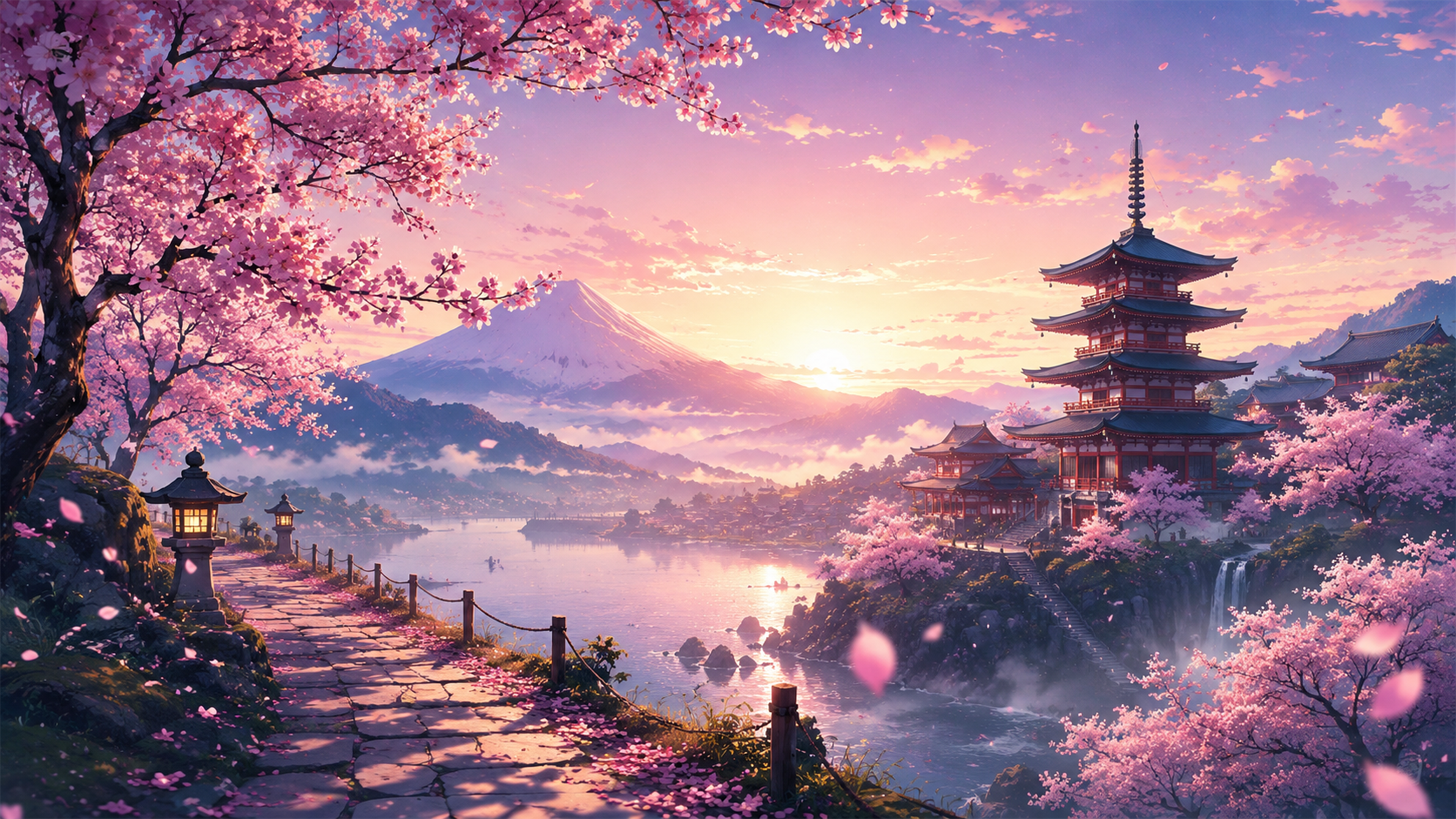 Mount Fuji sakura pagoda 4K wallpaper with cherry blossoms, sunrise glow, lake mist, and traditional Japanese architecture.