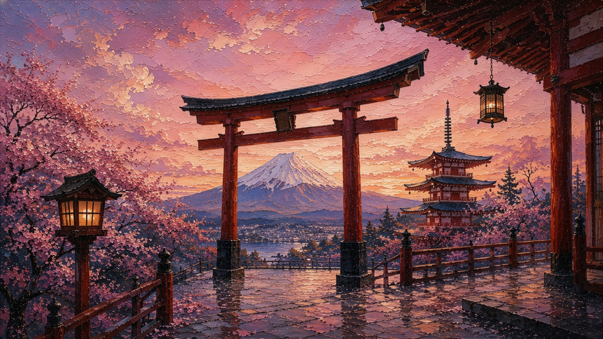 Mount Fuji sunset wallpaper with red torii gate, cherry blossoms, pagoda, lanterns, and textured pink sky.