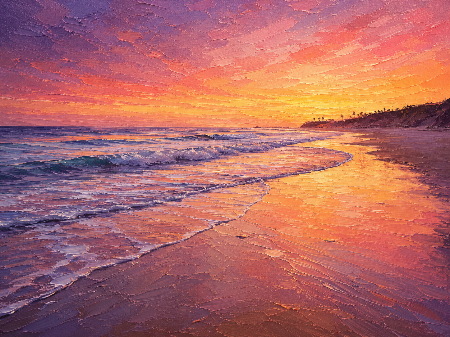Painterly golden ocean sunset wallpaper with rolling waves, reflective wet sand, warm orange sky, and purple clouds.