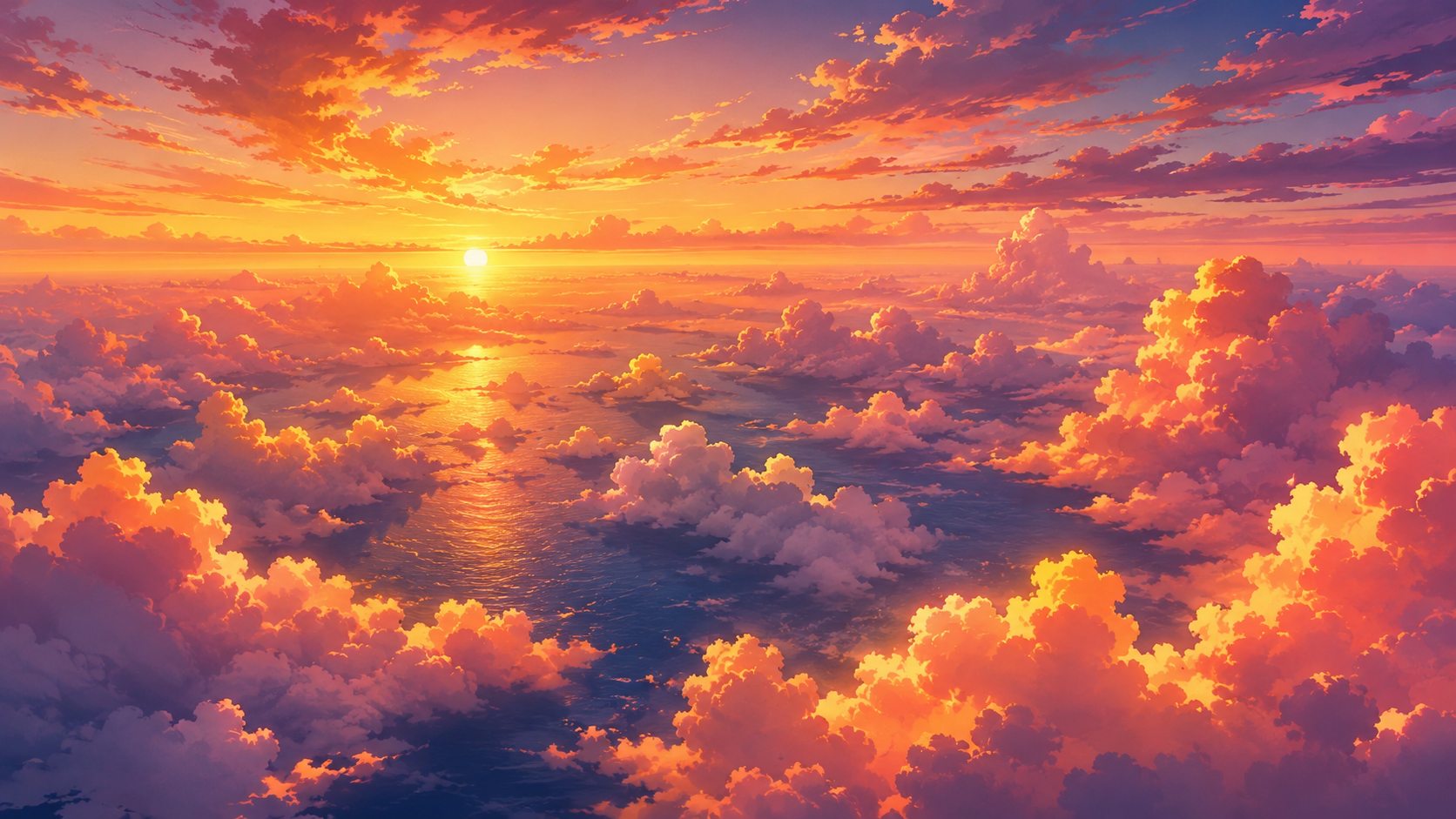 Golden sunset cloud ocean 4K wallpaper with orange sky, pink clouds, and warm sea reflections.