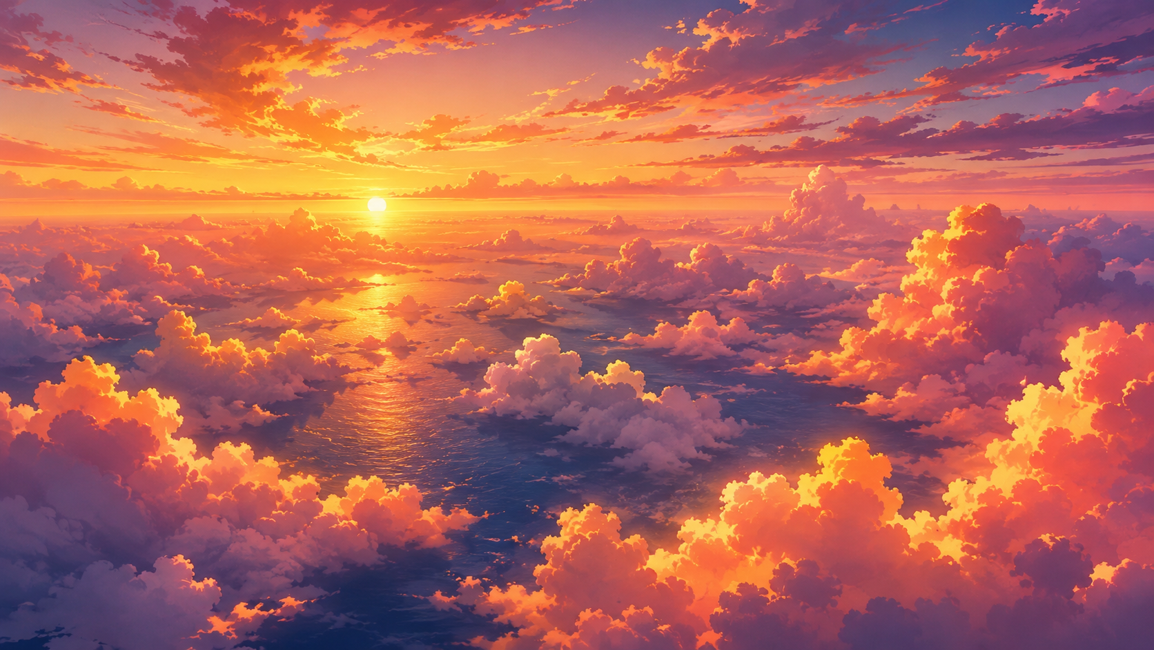 Golden sunset cloud ocean 4K wallpaper with orange sky, pink clouds, and warm sea reflections.