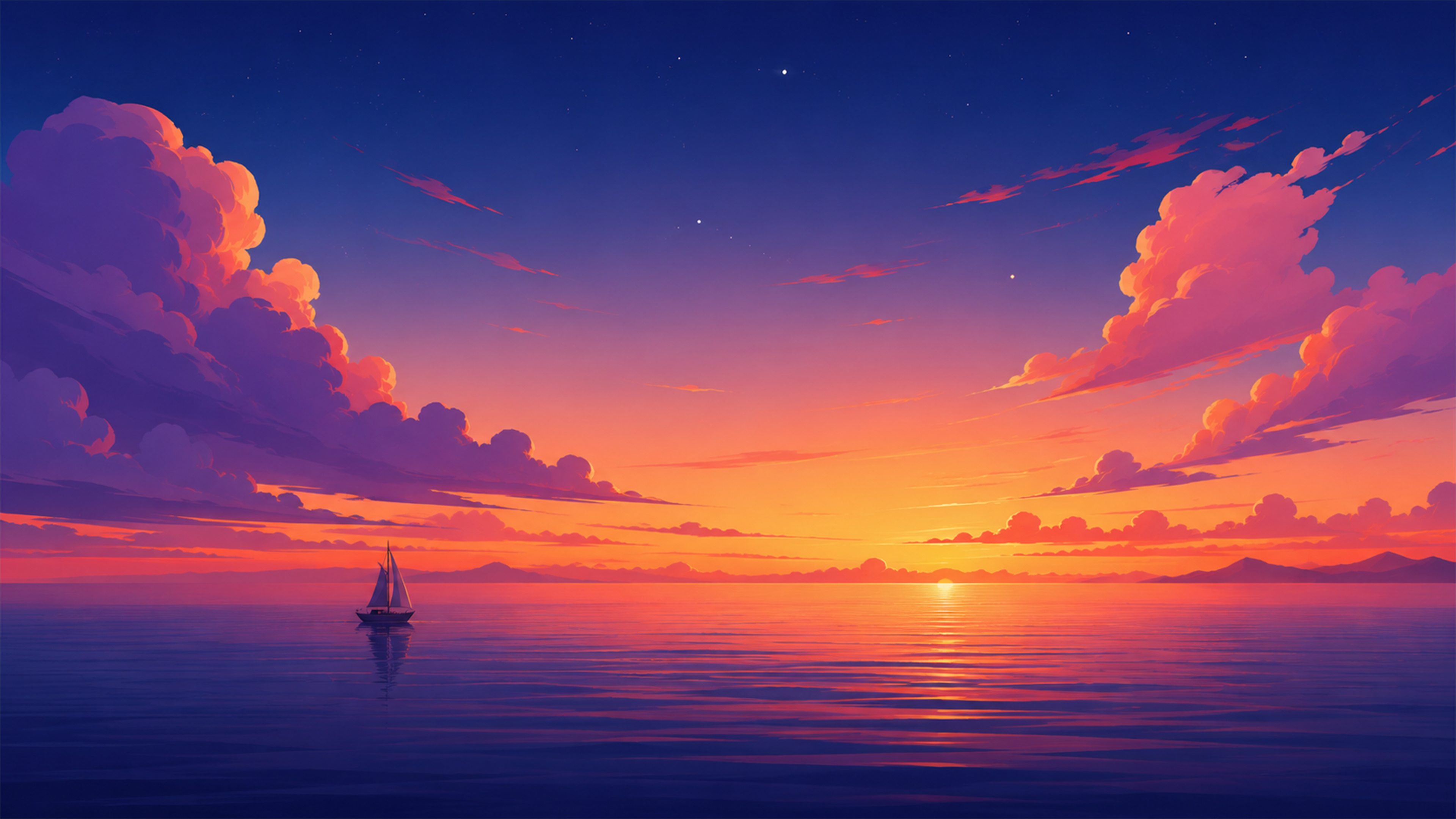 Japanese coastal sunset sailboat 4K wallpaper with warm ocean reflections, soft clouds, and a small boat near the horizon.