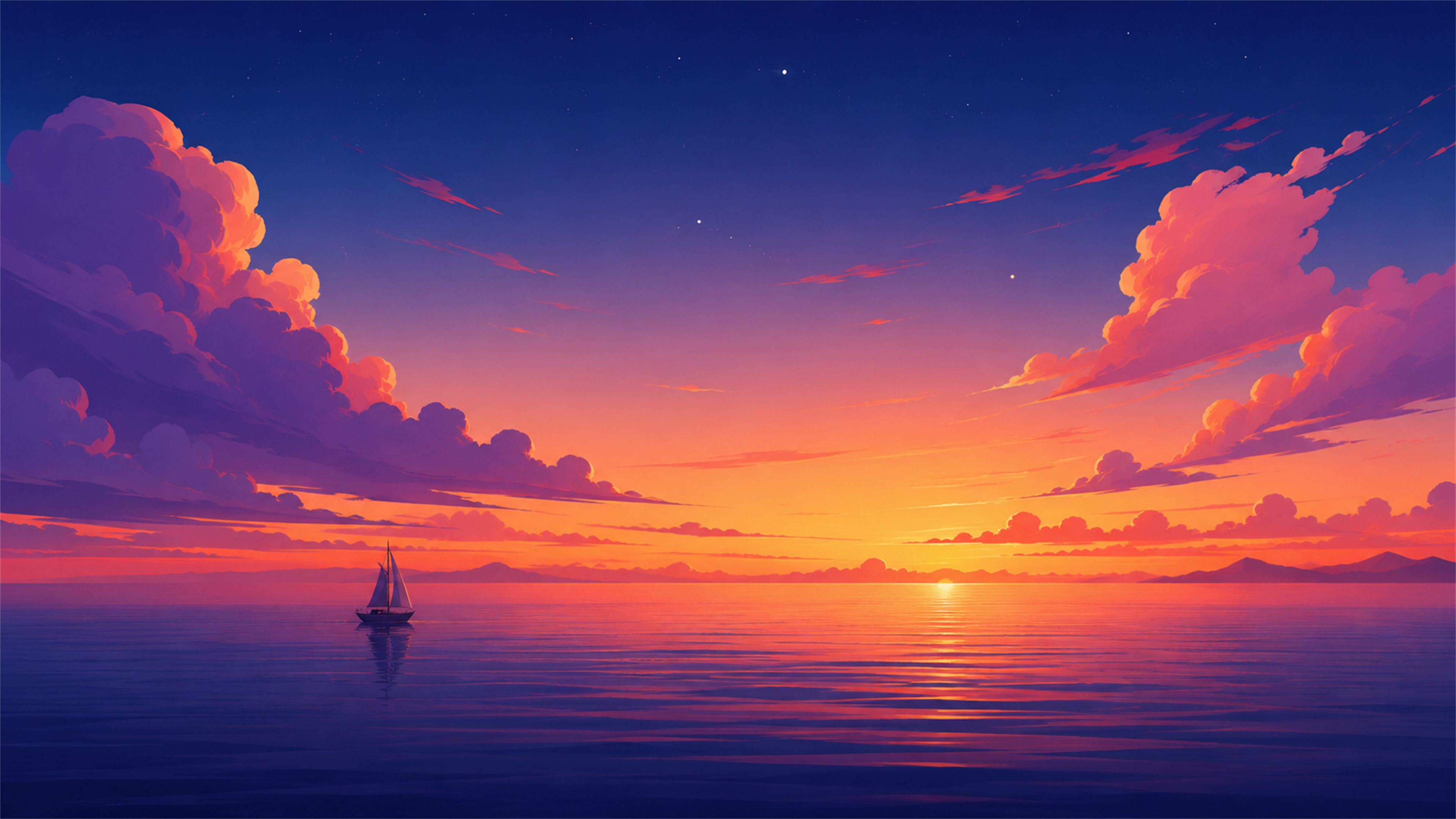 Japanese coastal sunset sailboat 4K wallpaper with warm ocean reflections, soft clouds, and a small boat near the horizon.