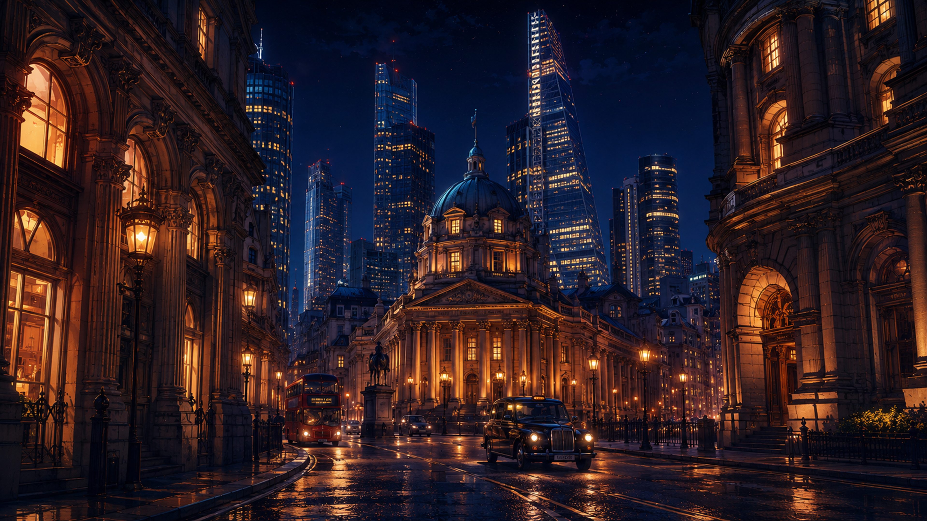 London-style midnight financial district 4K wallpaper with wet streets, warm lamps, historic buildings, and glass skyscrapers.