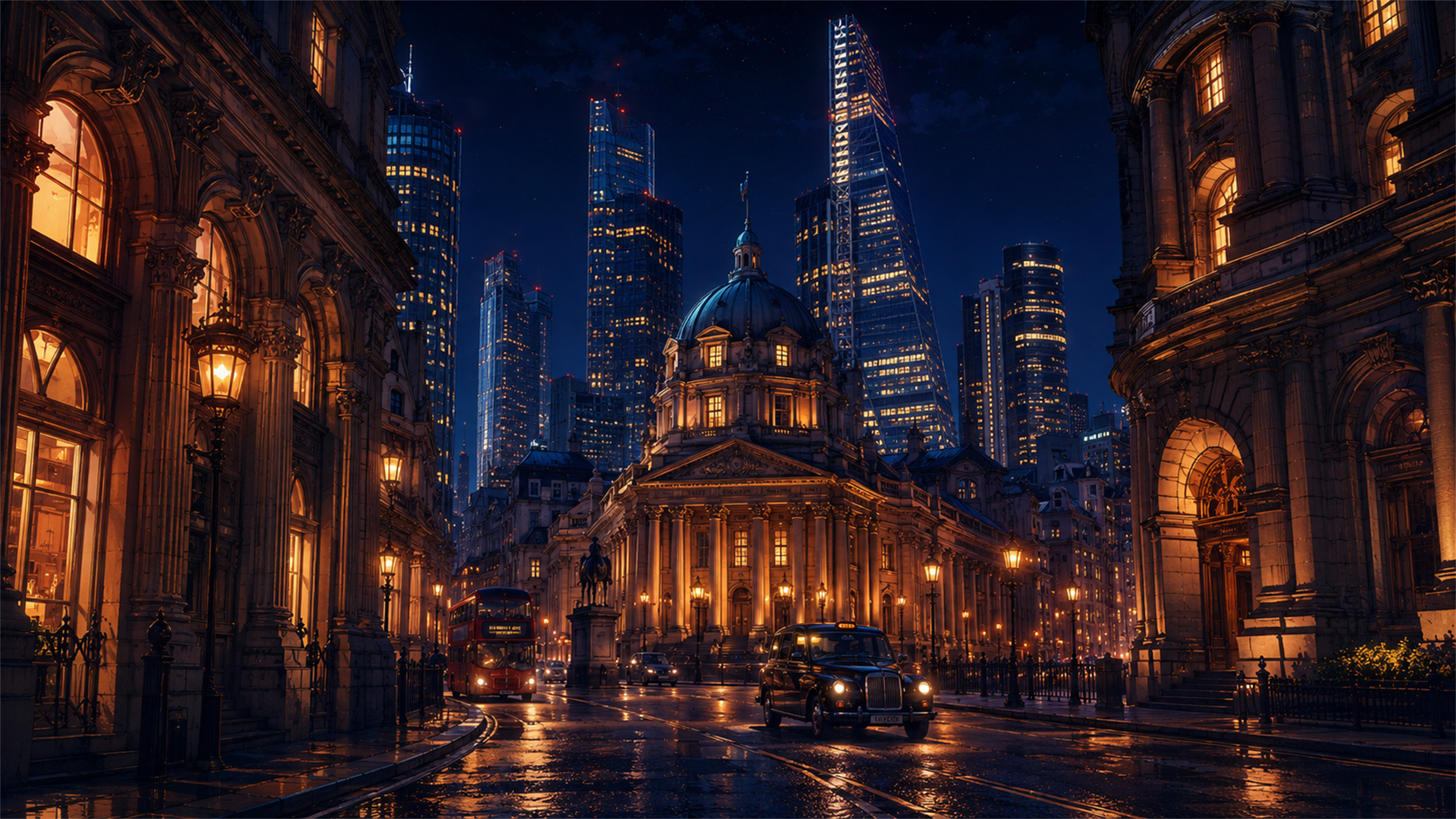 London-style midnight financial district 4K wallpaper with wet streets, warm lamps, historic buildings, and glass skyscrapers.