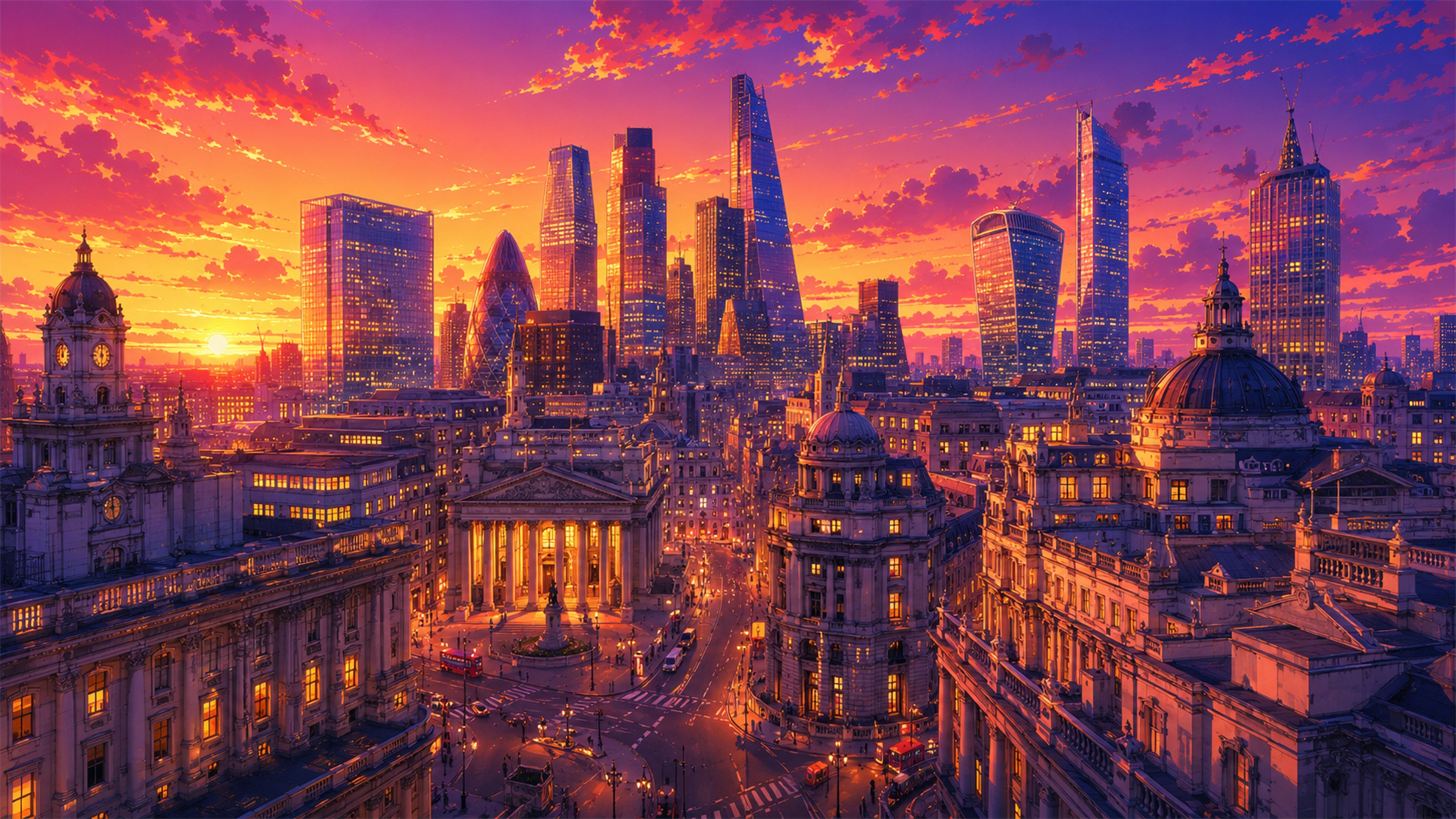 Golden London-style sunset skyline 4K wallpaper with historic rooftops, modern towers, orange clouds, and warm city lights.