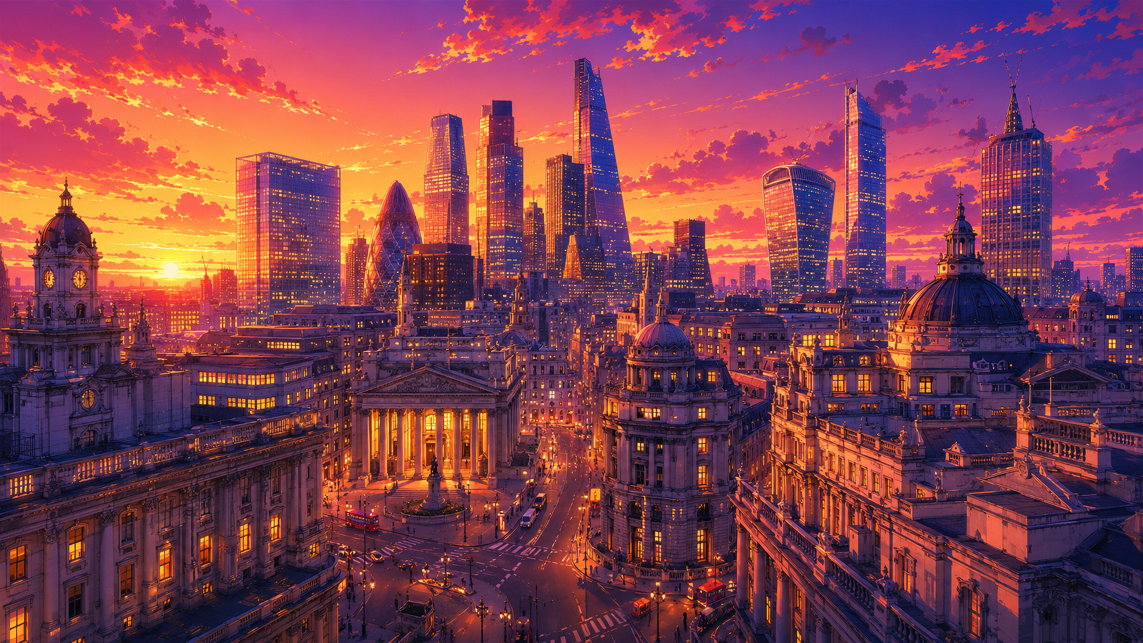 Golden London-style sunset skyline 4K wallpaper with historic rooftops, modern towers, orange clouds, and warm city lights.