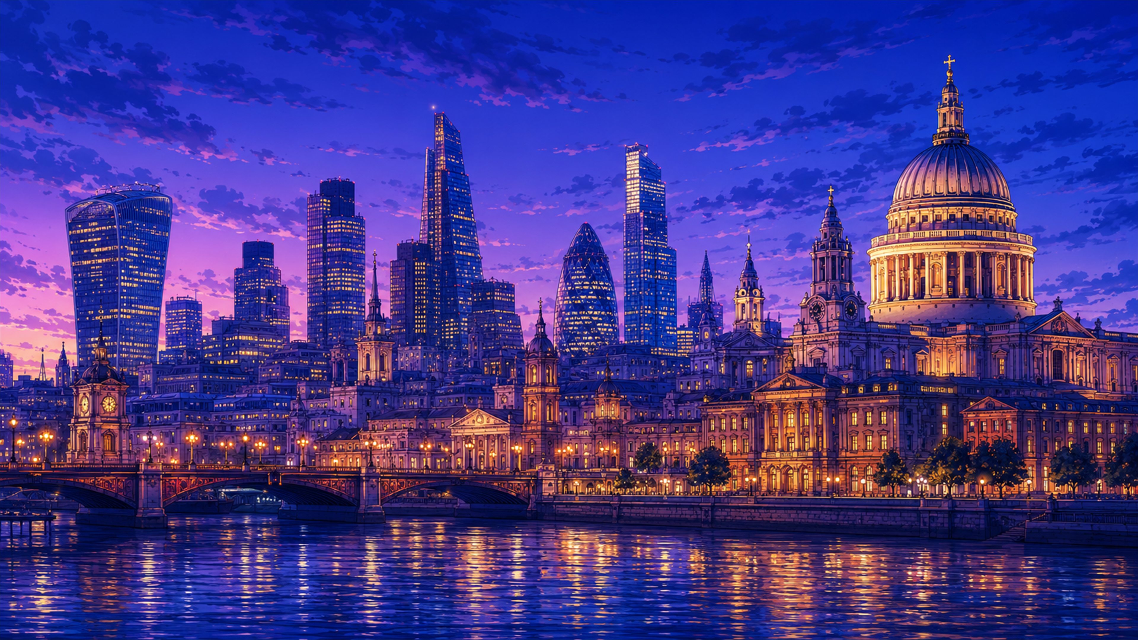 Blue hour London-style city river 4K wallpaper with historic domes, skyline towers, bridge lights, and water reflections.
