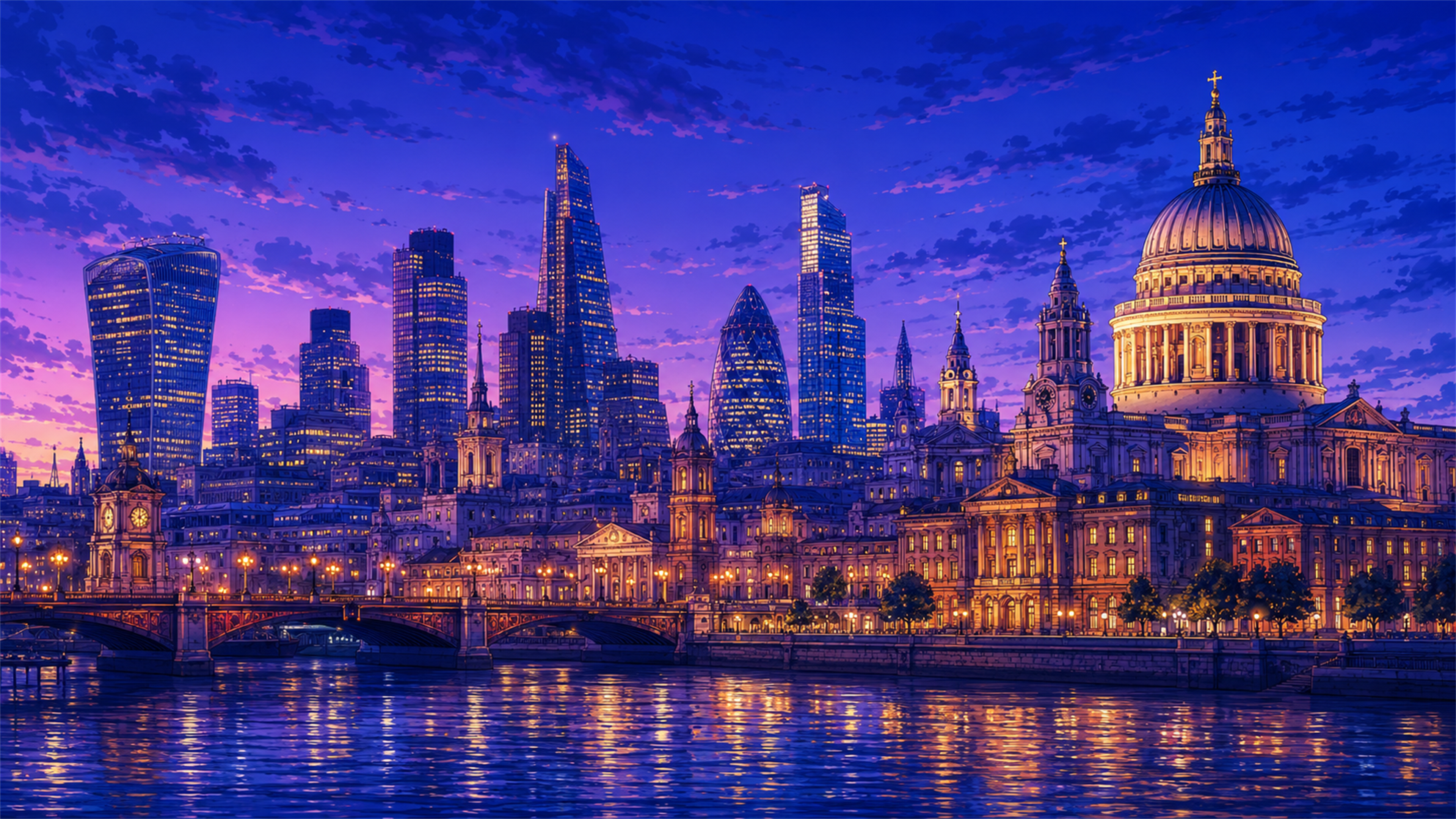 Blue hour London-style city river 4K wallpaper with historic domes, skyline towers, bridge lights, and water reflections.