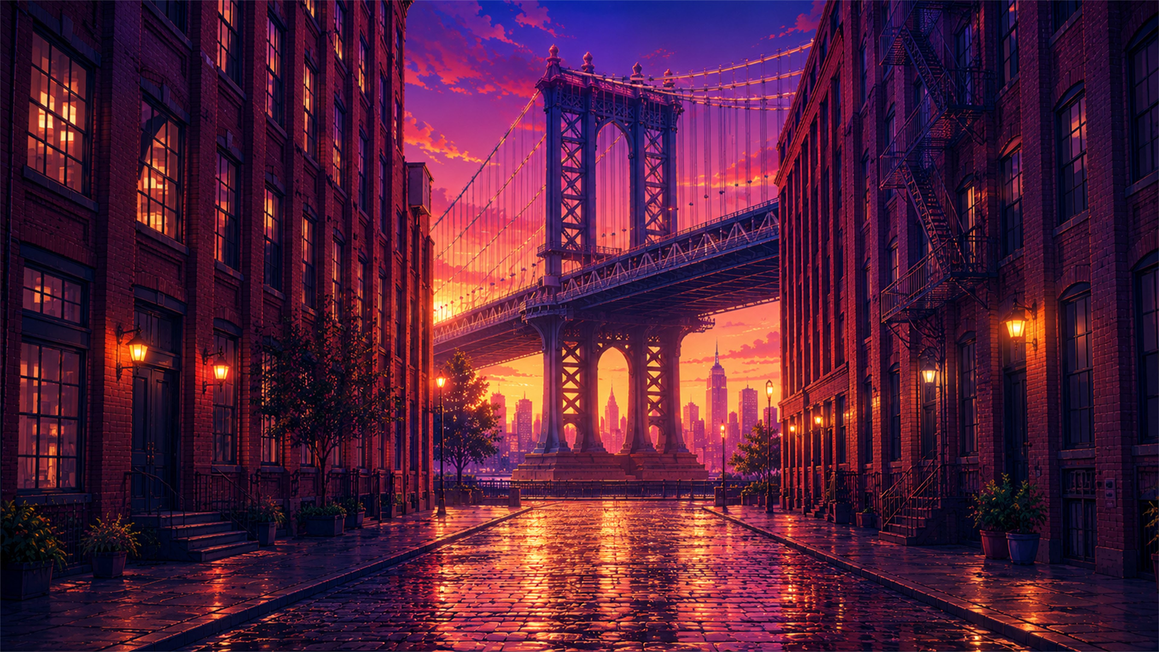 Manhattan Bridge sunset 4K wallpaper with wet cobblestones, brick buildings, warm street lamps, and New York skyline.