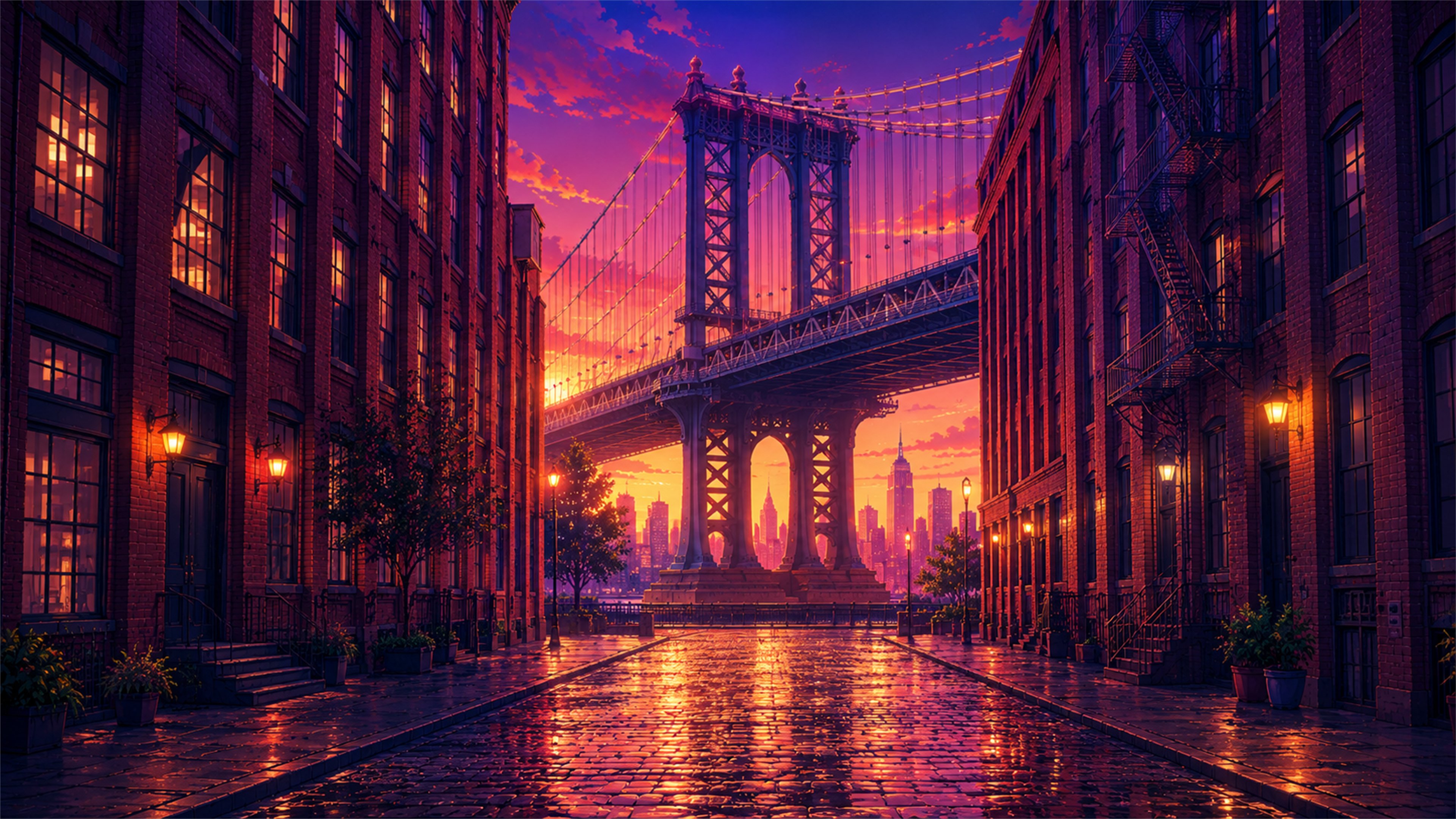 Manhattan Bridge sunset 4K wallpaper with wet cobblestones, brick buildings, warm street lamps, and New York skyline.