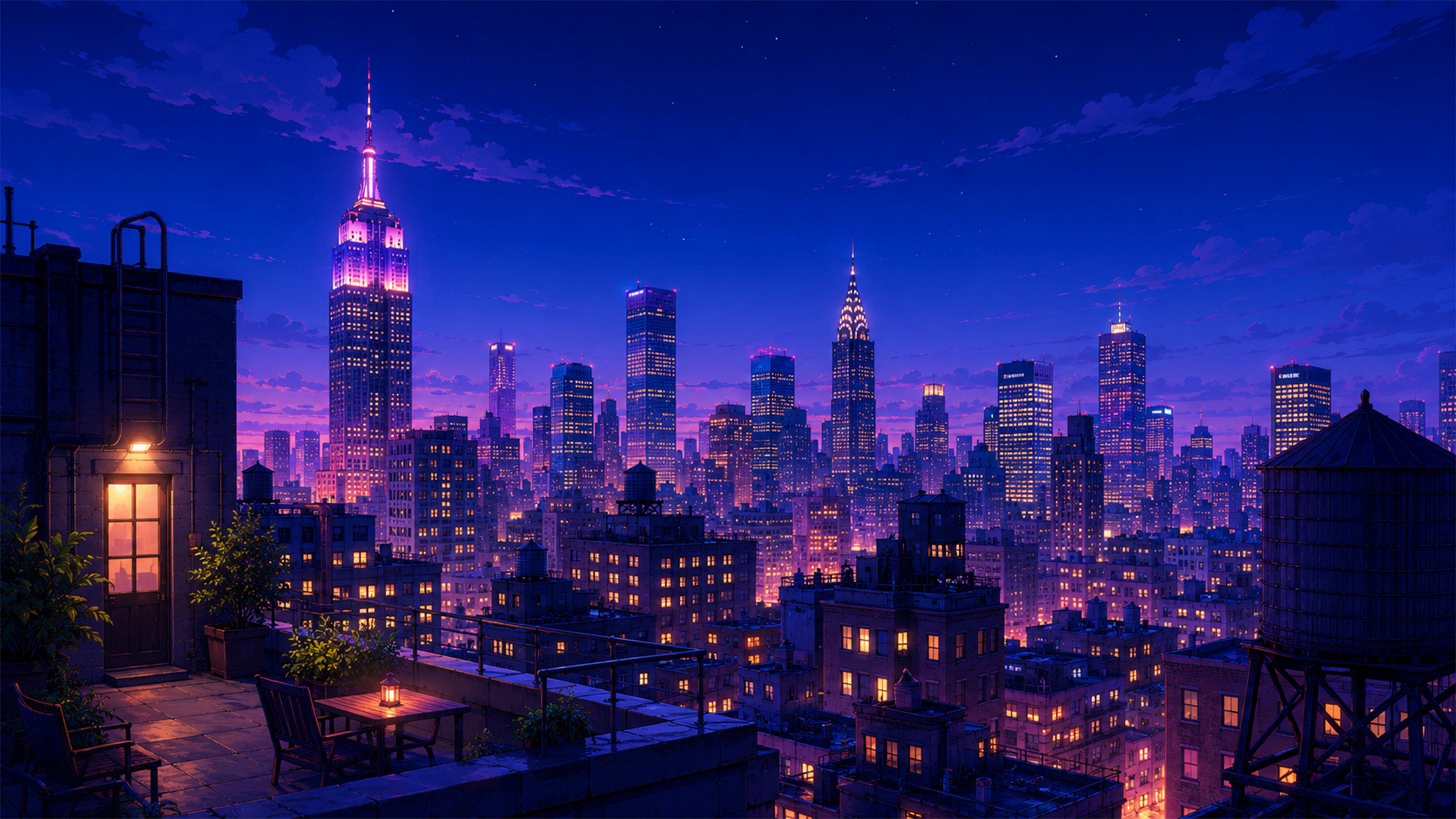 Midnight Manhattan rooftop 4K wallpaper with New York skyline, water towers, rooftop table, and purple night lights.