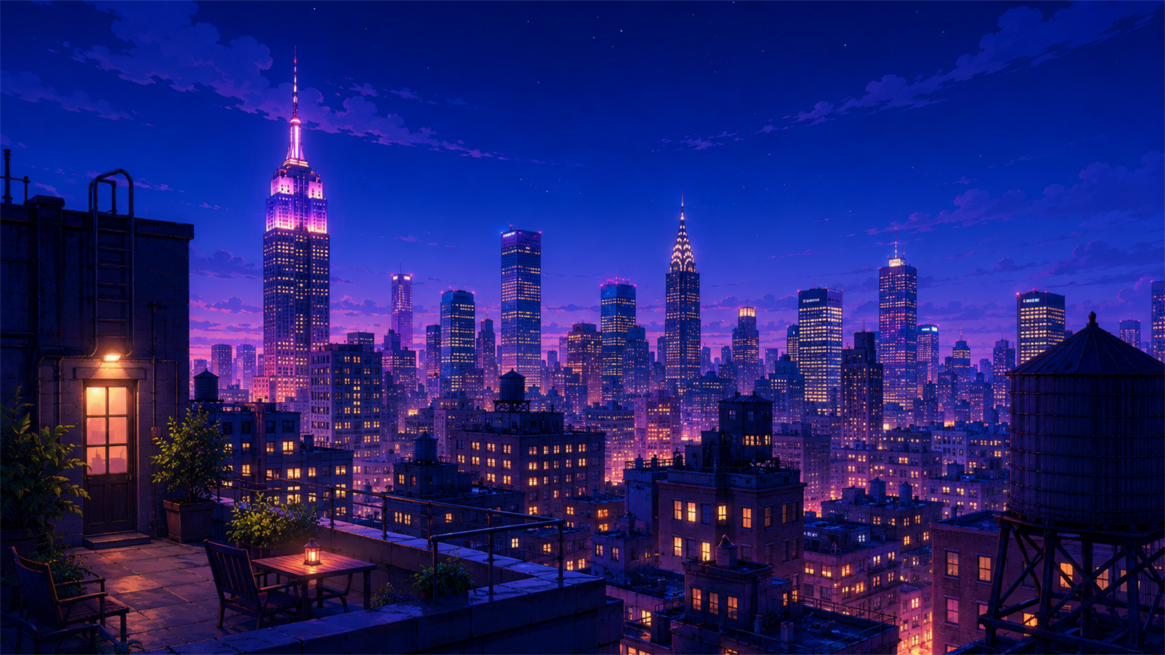 Midnight Manhattan rooftop 4K wallpaper with New York skyline, water towers, rooftop table, and purple night lights.