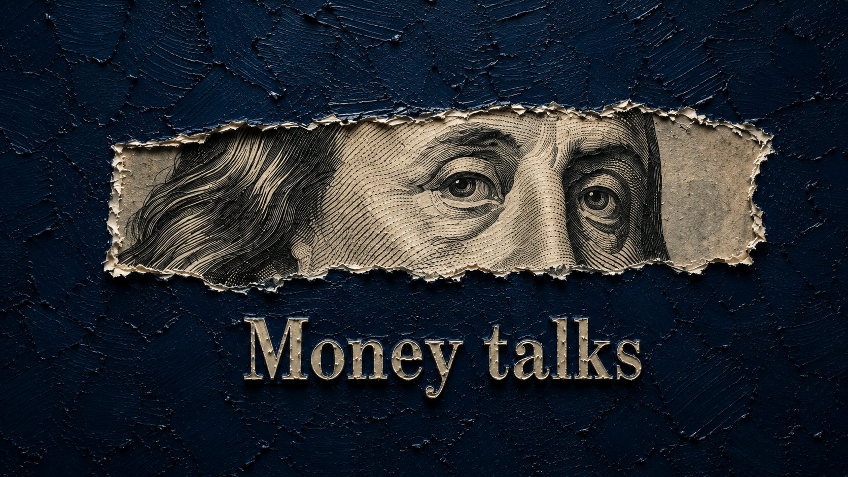 Dark blue plaster desktop wallpaper with torn paper revealing Benjamin Franklin eyes and metallic Money talks text.