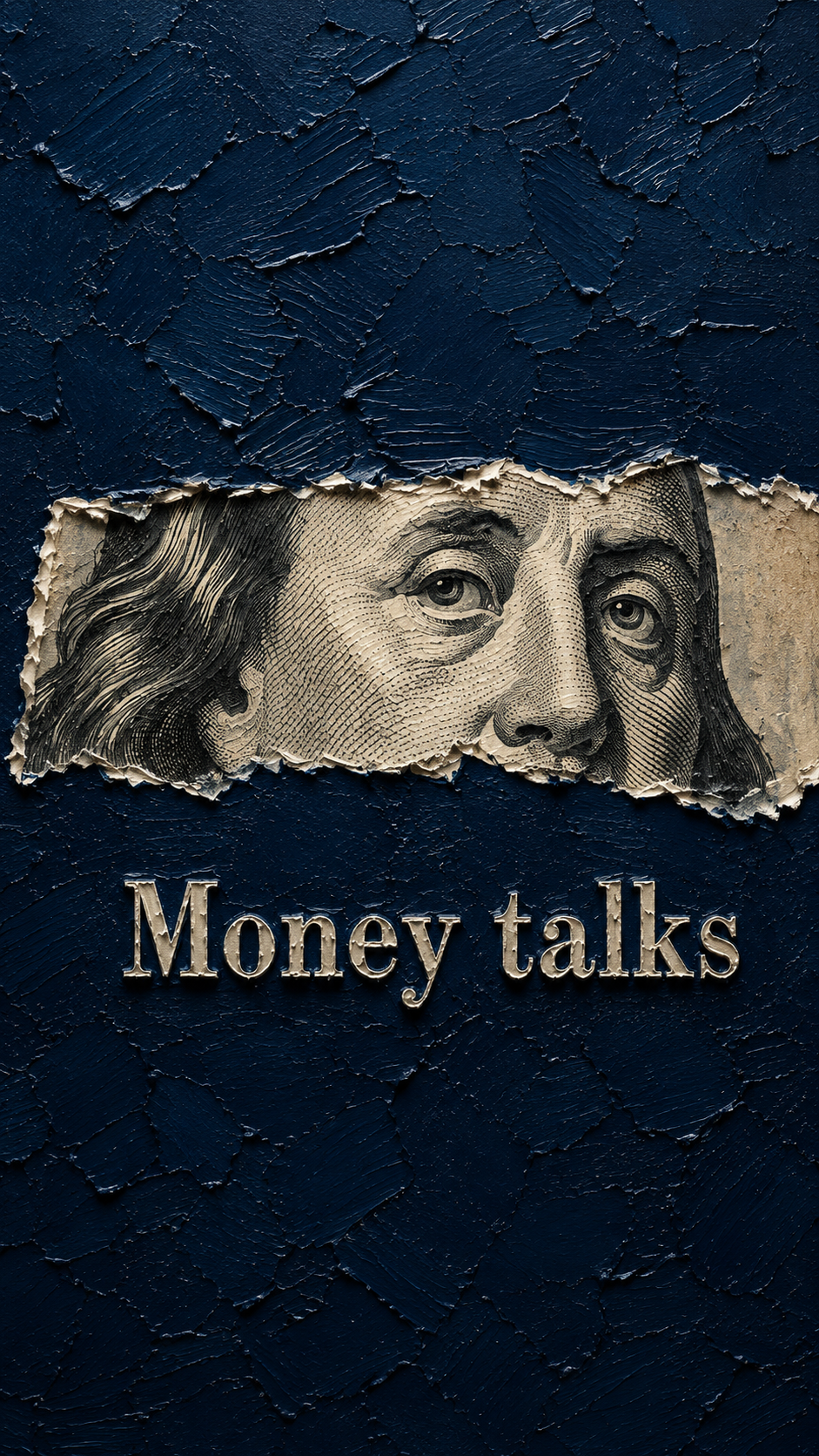 Portrait dark blue plaster phone wallpaper with torn dollar artwork, Benjamin Franklin eyes, and Money talks lettering.